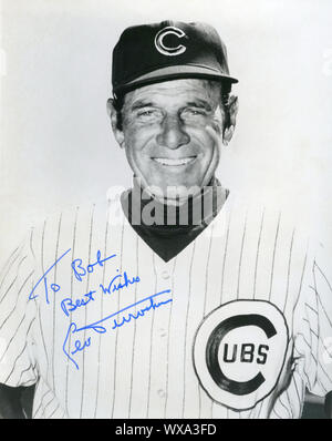 Schwarz-weiß-Porträt von Leo Durocher, Manager der Chicago Cubs circa 1969. Stockfoto