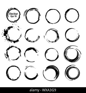 Vektor einrichten der verarbeiteten Tinte schwarz Bürsten für die Schaffung geschlossener Rahmen mit beliebiger Form. Sammlung von monochromen Texturierte grunge lackiert kreisförmigen Ringen. Zu Stock Vektor
