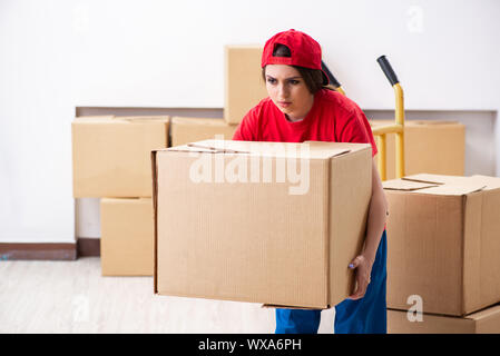 Jungen weiblichen professionellen Mover tun Home Umzug Stockfoto