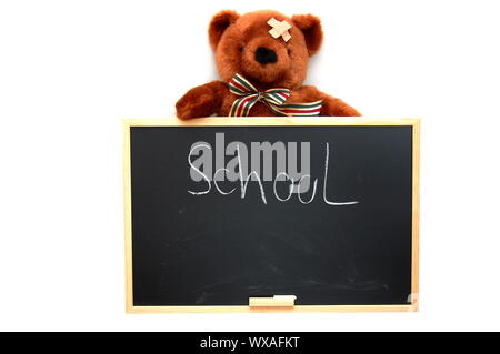 Teddy mit Blackboard auf weißem Hintergrund Stockfoto