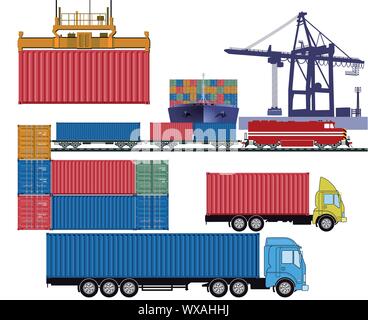 Handelshafen mit Güterzug, LKW und Container Stock Vektor
