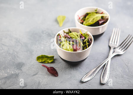 Frischer Salat Mischung aus Baby Spinat, Rucola Blätter und Mangold Stockfoto