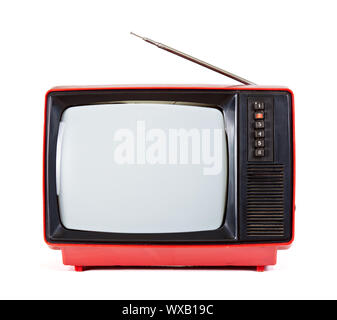 Vintage red Fernseher auf weißem Hintergrund Stockfoto