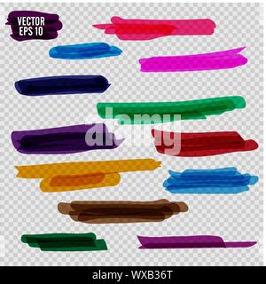 Bunte Textmarker gesetzt. Gelb, Grün, Lila, Rot und Orange Markierungen. Transparente Hand gezeichnet Pinsel Linien. Stock Vektor
