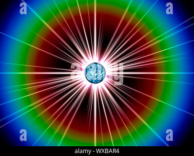 Sun mit leuchtenden Strahlen in der Darstellung des Universums 3D Stockfoto