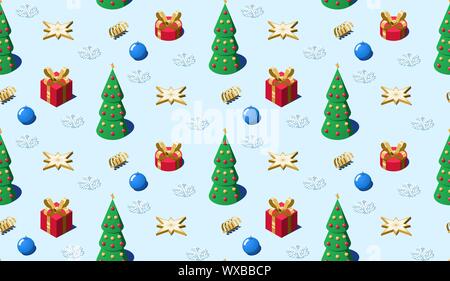 Isometrische Weihnachten und Neujahr nahtlose Muster. Wiederholen Xmas Muster mit Weihnachtsbaum, Geschenkboxen, Ball Spielzeug, Star und Golden Spiral Ribbon. W Stock Vektor