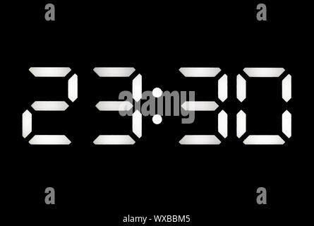 Echte weiße LED Digitaluhr auf schwarzem Hintergrund Stockfoto