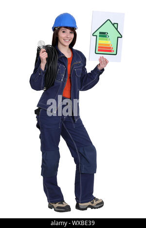 Weibliche Elektriker mit einer Rating-Energiekarte Stockfoto
