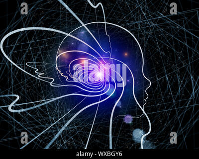 Künstlerische Abstraktion aus menschlichen Kopf und fraktale Netze zu den Themen Wissenschaft, Technik und intelligentes Leben im Universum Stockfoto