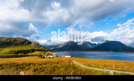 Landschaft von Ramberg, Flakstadveien 591, Moskenstraumen, Lofoten, Norwegen im Sommer Stockfoto