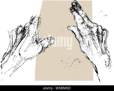 Schwarze und weiße Hand Skizze der Hände eines alten Mannes oder Frau mit einem Stück Papier und Lesen gezeichnet Stockfoto