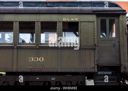 Nahaufnahme von einem historischen Zug am Steamtown National Historic Site in Scranton, PA, USA Stockfoto