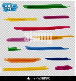Bunte Textmarker gesetzt. Gelb, Grün, Lila, Rot und Orange Markierungen. Transparente Hand gezeichnet Pinsel Linien. Stock Vektor