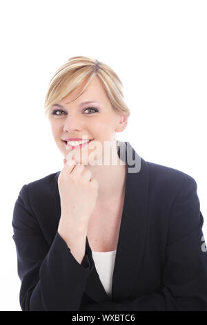 Mugshot Bild einer schönen blonden weiblichen Modell Lächeln für die Kamera. Stockfoto