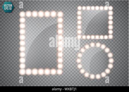 Make-up-Spiegel mit gold Leuchten isoliert. Vektor quadratischen und runden Rahmen Abbildung Stock Vektor