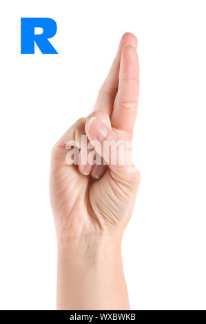 Finger, die Rechtschreibung des Alphabets in amerikanischer Gebärdensprache (ASL). Der Buchstabe R Stockfoto