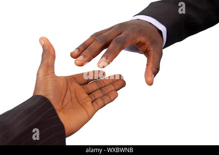 Das ist ein Bild für ein Paar schwarze business Hände aus zu erreichen. Metapher für Vertrag, Business helfen, Beschäftigung opportunitie Stockfoto