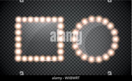 Make-up-Spiegel mit gold Leuchten isoliert. Vektor quadratischen und runden Rahmen Abbildung Stock Vektor