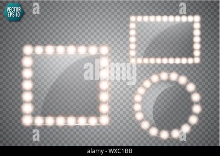 Make-up-Spiegel mit gold Leuchten isoliert. Vektor quadratischen und runden Rahmen Abbildung Stock Vektor