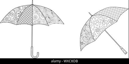 Regenschirm im Zentangle-inspirierten Doodle-Stil auf Weiß isoliert. Malbuch Seite für Erwachsene Stock Vektor