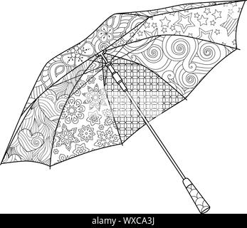 Regenschirm im Zentangle-inspirierten Doodle-Stil auf Weiß isoliert. Malbuch Seite für Erwachsene Stock Vektor