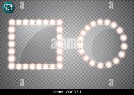 Make-up-Spiegel mit gold Leuchten isoliert. Vektor quadratischen und runden Rahmen Abbildung Stock Vektor