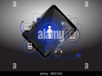 Tablet-PC und Technik Ikone auf dunklem Hintergrund Stock Vektor