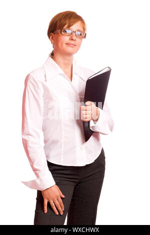 Redhead Business woman holding Ordner isoliert auf weißem Stockfoto