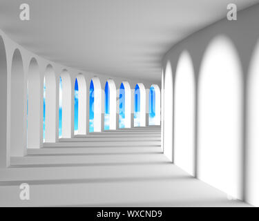 Weiße abstrakte Gang mit Säulen und blauer Himmel Stockfoto