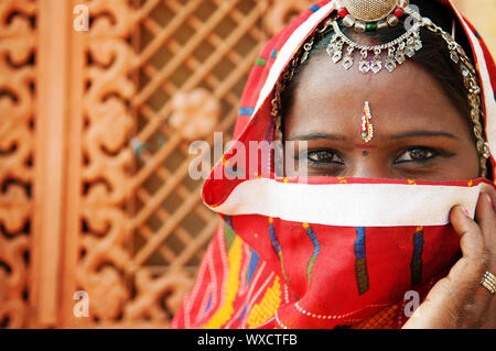 Traditionelle indische Frau im Sari Kostüm bedeckte ihr Gesicht mit Schleier, Indien Stockfoto