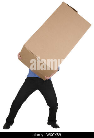 Mann hält auf Händen grossen Karton Stockfoto