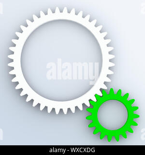 Schaltung von zwei bunte Zahnräder auf dem weißen Hintergrund Stockfoto