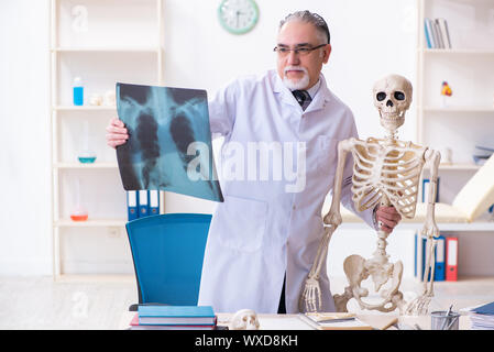 Alter männlicher Arzt mit Skelett Stockfoto