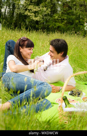 Paar bei einem Picknick in einem Park, lächelnd Stockfoto