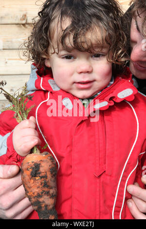 Kleine Junge Holding Bio Karotte Stockfoto