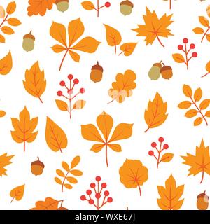 Blätter im Herbst nahtlose Muster. Fallen Blätter und Beeren. Blumen Natur Symbole auf weißen Hintergrund. Stock Vektor