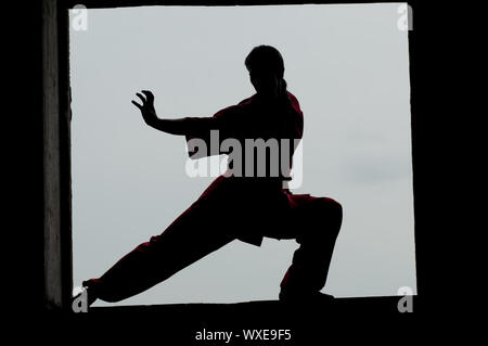 Shaolin Warriors wushoo Mann silhouette Praxis Kampfkunst outdoor. Kung Fu Stockfoto