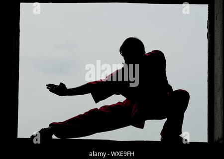 Shaolin Warriors wushoo Mann silhouette Praxis Kampfkunst outdoor. Kung Fu Stockfoto