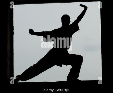 Shaolin Warriors wushoo Mann silhouette Praxis Kampfkunst outdoor. Kung Fu Stockfoto