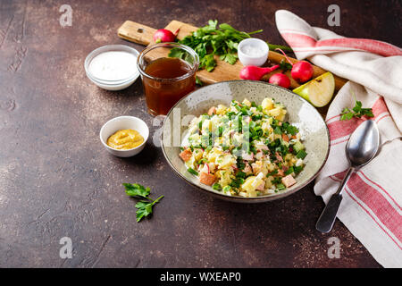 Kalte Suppe Okroshka mit Wurst, Gemüse und Kwass Stockfoto