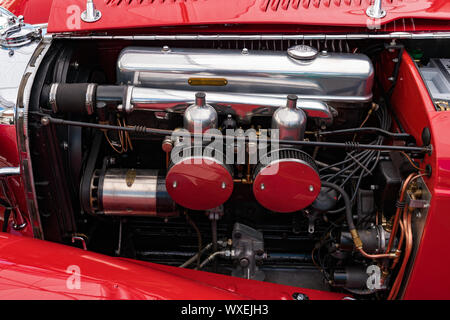 Motor block einer 1938 Jaguar SS 100 Oldtimer Sportwagen im Detail Stockfoto