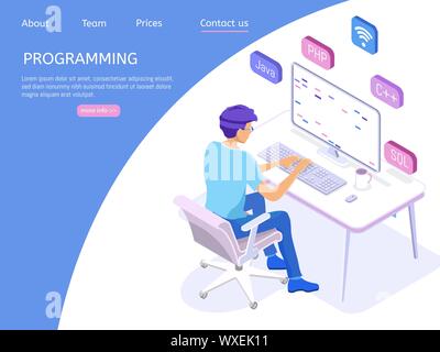 Programmierer isometrische Charakter. Programmierung Konzept, Web Engineer bei der Arbeit. Stock Vektor