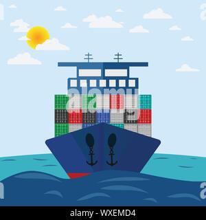 Transport Cargo Schiff beladen Container von Harbour Kran im Hafen Vector Illustration. Stock Vektor