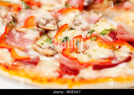 Leckere italienische Salami Pizza. Super-Makro Stockfoto