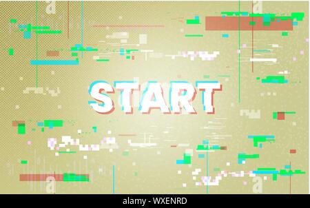 Glitch Hintergrund. Start Konzept zu spielen. Retro Game Kulisse mit Farbe Verzerrungen. Abstrakte klassische Vorlage für Poster, Banner, Flyer. Farbe Pixel Stock Vektor