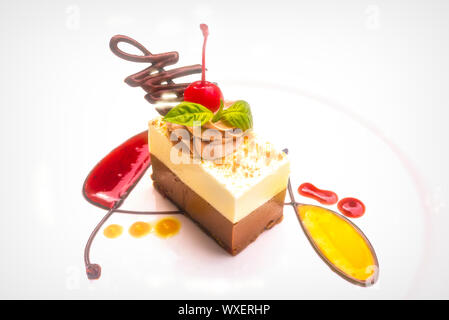 Eine bunte Dessert auf einem high key weiße Platte Hintergrund. Elegante weiße und dunkle Schokolade Torte mit frischem Obst Coulis in einer künstlerischen Darstellung. Stockfoto