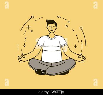 Mann, der Yoga macht. Meditation, entspannen Sie sich im linearen Stil. Vektorgrafik Stock Vektor