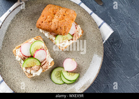 Lecker Thunfisch Sandwich, serviert mit Radieschen und Gurken Stockfoto