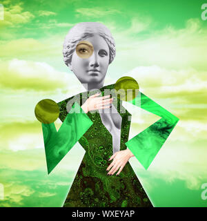 Moderne konzeptuelle Kunst Poster mit einem lustigen Puppe in einem massurrealism Stil. Zeitgenössische Kunst Collage. Stockfoto