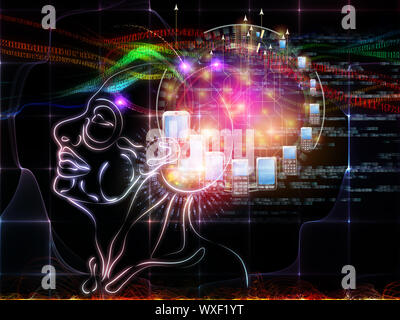 Intelligenz-Serie. Zusammensetzung des menschlichen Kopfes skizziert, Lichter und Fraktale Elemente geeignet als Kulisse für die Projekte der Intelligenz, Knowledg Stockfoto